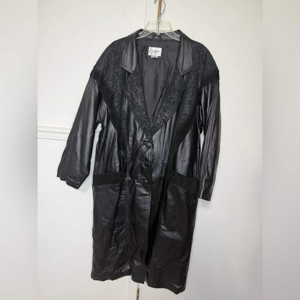 Mint Black Leather Long Coat with Lace Yoke